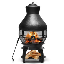 Load image into Gallery viewer, Giantex Wood Burning Chiminea, Heavy Duty Fireplace Chimenea Wooden Fire Pit with 2-Piece Log Grate, Premium Rain Cap &amp; Fire Poker, 360°Fire Retardant Mesh Cover, Ideal for Garden, Patio, Backyard

