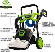 Load image into Gallery viewer, Greenworks 2000 PSI (1.2 GPM) Electric Pressure Washer, Steel Wand, On-Board Soap Tank (25°, 40°, Soap, and Turbo Nozzle)
