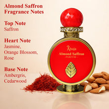 Load image into Gallery viewer, AHUJA Almond Saffron – 3.4 oz Parfum | Unisex Warm Floral Saffron Scent | 30% Long Lasting Oil | Saffron, Jasmine, Orange Blossom, Rose, Ambergris, Cedarwood | Luxury Orange Gift Box

