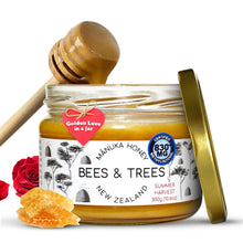 Load image into Gallery viewer, Bees &amp; Trees Manuka Honey 830+ MGO – New Zealand Pure Monofloral, Raw, Bioactive – Unpasteurized Superfood for Wellness – Bioactive, Nutrient-Packed for Immunity &amp; Vitality - 300g (10.6oz) Glass Jar
