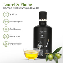 Load image into Gallery viewer, World's Best Gold Award - Laurel &amp; Flame Olympia PGI Olive Oil Extra Virgin - Polyphenol Rich (706 MG/KG) - USDA Organic - Multiple Award Winning – 60X Hydroxytyrosols - Early Harvest - Cold Pressed (500 ml/16.9 fl oz)
