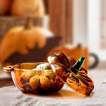Load image into Gallery viewer, AFXGUSD Glass Candy Dish with Lid, Halloween Pumpkin Shaped Bowl, Food Storage Canister for Dried Fruit Snack, Decorative Candy Jar for Halloween Thanksgiving Fall Harvest Party, Orange

