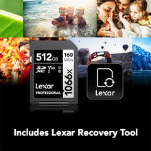 Load image into Gallery viewer, Lexar 512GB Professional 1066x SDXC Memory Card, UHS-I, C10, U3, V30, Full-HD &amp; 4K Video, Up To 160MB/s Read, for DSLR and Mirrorless Cameras (LSD1066512G-BNNNU)
