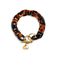 Load image into Gallery viewer, Bling Jewelry Fashion Statement Brown Golden Acrylic Marbled Leopard Tortoise Shell Oval Chain Link Bracelet for Women Teen Yellow Gold Plated Stainless Steel Adjustable Toggle Closure
