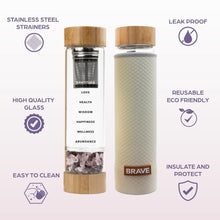 Load image into Gallery viewer, The Brave Soul Crystal Water Bottle, Slim Crystal Water Bottle Tea Infuser, Double Wall Glass for Hot and Cold Drinks. Slim Crystal Water Bottles with Crystals Inside. Eco-friendly &amp; Relaxing Gifts
