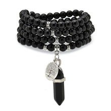 Load image into Gallery viewer, Tree of Life Charm, Handmade Jewelry Gift for Men or Women, 108 Natural Healing Mala Beads Bracelet Spiritual Necklace with Reiki Quartz Hexagonal Prism Pendant (Black Agate)
