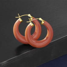 Load image into Gallery viewer, Ross-Simons Simulated Coral Hoop Earrings in 14kt Yellow Gold
