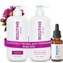 Load image into Gallery viewer, Routine Wellness Shampoo and Conditioner Set and Hair Serum for Thinning Hair - DHT Blocker Women &amp; Men - Color Safe Shampoo for Hair Loss &amp; Healthier Hair - Rose Hips Set + Hair Serum
