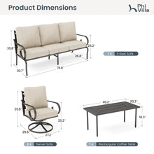 Load image into Gallery viewer, PHI VILLA Patio Furniture Set, 3-Seater Sofa, 4 Swivel Chairs and a Coffee Table, Outdoor Metal Conversation Set with 5.75" Extra Thick Cushion for Garden Backyard Deck, Beige
