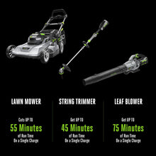 Load image into Gallery viewer, EGO POWER+ 56V Starter Collection 21" Cordless Push Lawn Mower LM2114 &amp; 15" Powerload String Trimmer ST1511T &amp; 615CFM Leaf Blower LB6151, (1) 4Ah (2) 2.5Ah Batteries and (3) Chargers Included
