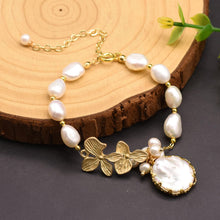 Load image into Gallery viewer, ELEXIS 18K Gold Dainty Baroque Pearl Bracelet For Women Wedding Handmade Originals Trendy Casual Freshwater Pearls Leaf Bracelet For Girls Gift Engaged Comfy Bridesmaid Hanging Jewelry
