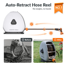 Load image into Gallery viewer, Giraffe Tools Retractable Heavy Duty Hose Reel, 5/8" x 92FT Automatic Rewind Garden Hose Reel with 360° Swivel Base, Ground Mounted for Lawn, Patio, Concrete Floor &amp; Yard Watering
