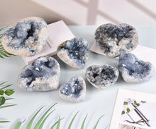 Load image into Gallery viewer, MOGEMT Large Raw Blue Celestite Crystal Geode Heart Shape Natural Healing Crystal Cluster Irregular Celestine Stone Home Decor 4-6 Lbs
