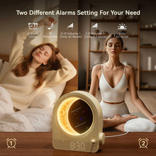 Load image into Gallery viewer, blonbar Sunrise Alarm Clocks for Bedrooms, Stepless Dimmable Moon Lamp Dual Alarm Clock Wake Up Light with 12Levels Volume for Heavy Sleepers, 10 Natural Sounds with Timer, Gifts for Women
