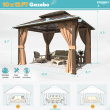 Load image into Gallery viewer, EROMMY 10' x 12' Hardtop Gazebo, Aluminum Frame Gazebos with Galvanized Steel Double Roof, Permanent Outdoor Metal Pavilion with Curtain and Netting for Patio, Lawn, Deck
