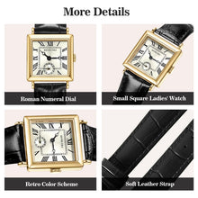 Load image into Gallery viewer, FFKJDM Women's top Layer Cowhide Strap Watch Exquisite and Elegant Women Classic Retro Square Women's Quartz Watch Gift for her (glod, Black)
