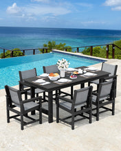 Load image into Gallery viewer, SERWALL Patio Dining Sets for 6, Outdoor HDPE Dining Set with Umbrella Hole Cut-Out Table and 6 Woven Chairs, Black

