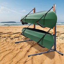 Load image into Gallery viewer, UOKRR Kayak Storage Rack, Heavy Duty Freestanding Dual Storage Rack with Hooks, Height Adjustable for 2 Kayaks, SUPs, Paddle Boards and Canoes
