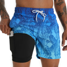 Load image into Gallery viewer, zeetoo Mens Swim Trunks with Compression Liner 5.5" Inseam Swim Shorts Quick Dry Shorts Gradient-Leaf-Blue 2XL
