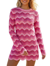 Load image into Gallery viewer, YUNLORIA Women's Crochet Colorful Mesh Summer Long Sleeve Cover Ups Casual Striped Beach Wear Knit Mini Dresses
