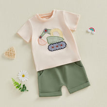 Load image into Gallery viewer, FOCUSNORM Toddler Baby Boy Summer Clothes Excavator Embroidery Short Sleeve T-Shirt Elastic Waist Shorts Set 2 Piece Outfit (Cute Green, 12-18 Months)
