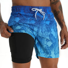 Load image into Gallery viewer, zeetoo Mens Swim Trunks with Compression Liner 5.5" Inseam Swim Shorts Quick Dry Shorts Gradient-Leaf-Blue 2XL
