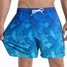 Load image into Gallery viewer, zeetoo Mens Swim Trunks with Compression Liner 5.5" Inseam Swim Shorts Quick Dry Shorts Gradient-Leaf-Blue 2XL
