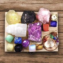 Load image into Gallery viewer, AtPerry's 16 LARGE Natural Healing Crystals Set in Wooden Box - Tumbled, Rough &amp; Raw Crystals, Including Selenite Tower, Black Tourmaline, Amethyst, Rose Quartz, Lapiz Lazuli, Citrine &amp; Tiger's Eye
