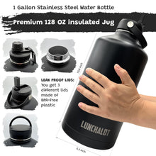 Load image into Gallery viewer, 1 Gallon Water Bottle Insulated - 128 Oz Stainless Steel Metal Water Jug with Holder - | Carrying Bag | Spout Handle | Straw Lids | Keep Cold &amp; Hot | - Black Tactical Flask for Travel Hiking Sport
