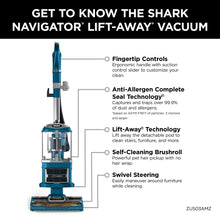 Load image into Gallery viewer, Shark Upright Vacuum, Navigator Lift-Away with Self-Cleaning Brushroll, HEPA Filter, Swivel Steering, Upholstery Tool &amp; Pet Crevice Tool, Perfect for Pets &amp; Multi-Surface, Teal, ZU503AMZ
