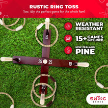 Load image into Gallery viewer, SWOOC Games - Rustic Ring Toss Game (All Weather) - Easy Setup &amp; Extra Games Included - Outdoor Ring Toss Game for Adults and Kids - Yard Activity For Adults - Oversized Lawn Activity - Rope Throw Set
