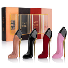 Load image into Gallery viewer, Nice Girl 4 PC Mini Perfume Gift Set for Women, Sweet Vanilla Floral Fragrance, Tuberose, Rose, Amber, Cacao, Powdery Almond, Travel Size 30ml Eau De Parfum, Classic, Velvet, Glitter, &amp; Blush
