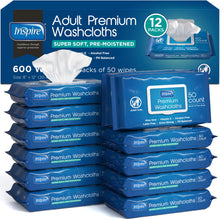 Load image into Gallery viewer, Inspire Adult Wet Wipes, Wash Cloths | Adult Wipes for Incontinence &amp; Cleansing for Elderly, 8"x12" Count 12 packs of 50
