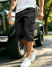 Load image into Gallery viewer, EKLENTSON Cargo Shorts for Men Below Knee Casual Long Shorts for Men Loose Fit Cotton 3/4 Capri Pants with 7 Pockets, Black, 34
