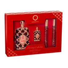 Load image into Gallery viewer, Orientica Luxury Collection Amber Rouge 4-Pc Gift Set Eau De Parfum - Woody, Amber, Saffron, Praline, Jasmine, Orange, Oak Moss, Seaweed - Arabic Perfume for Women - (2.7oz, 7.5ml &amp; 2 X 10ml spray)
