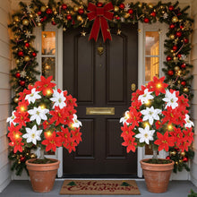 Load image into Gallery viewer, Thiccywoov 2 Pack 3ft Christmas Artificial Poinsettia Flowers Urn Filler Outdoor Prelit Topiary Trees Large Lighted Poinsettias Faux Poinsettia Trees with LED Lights Stake for Porch Yard (Red,White)
