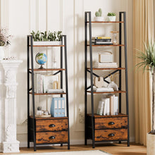 Load image into Gallery viewer, Furologee 5-Tier Ladder Shelf with 2 Drawers,Narrow Bookshelf Storage Shelves,Industrial Bookcase Freestanding Shelf Units for Bedroom,Living Room,Bathroom,Home Office,Balcony,Wood Metal,Rustic Brown

