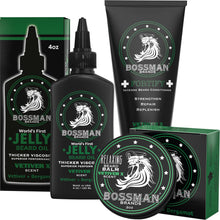 Load image into Gallery viewer, Bossman Essentials Beard Kit for Men - Beard Oil Jelly, Fortifying Conditioner Cream, Beard Balm - Grooming Growth Care Accessories (Vetiver X)
