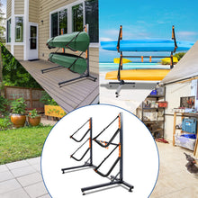 Load image into Gallery viewer, UOKRR Kayak Storage Rack, Heavy Duty Freestanding Dual Storage Rack with Hooks, Height Adjustable for 2 Kayaks, SUPs, Paddle Boards and Canoes
