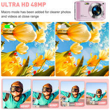 Load image into Gallery viewer, Digital Camera, FHD 4K Point and Shoot Camera with 2.88' IPS Screen, 48MP 4K Video, 16X Zoom, Macro Mode, Flash - Compact Beginner Camera for Teens, Pink
