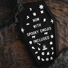 Load image into Gallery viewer, Coffin Letter Board Black With Spooky and All Seasons Emojis +500 Characters, and Wooden Stand - 17x10.5 Inches - Halloween Decorations Gothic Decor Spooky Gifts
