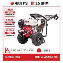 Load image into Gallery viewer, Simpson Cleaning PS60869 PowerShot 4000 PSI Gas Pressure Washer, 3.5 GPM AAA Triplex Pump, Honda GX270 Engine, Includes Spray Gun, Wand, 5 QC Nozzle Tips, 3/8-inch x 50-Foot Monster Hose, 49-State
