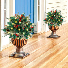 Load image into Gallery viewer, Glintoper Lighted Artificial Christmas Urn Filler, Pre-lit Xmas Pine Trees with Cones, Golden &amp; Red Berries, Tripod Stake and 60 LED Lights, Outdoor Light Up Planter Filler Holiday Home Decor, 2 Pack
