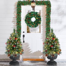 Load image into Gallery viewer, OasisCraft 33 Inch Outdoor Christmas Tree Frosted Urn Filler 2 Set, Pre-lit Artificial Xmas Tree with 50 LED Lights, Realistic Carolina Pine and Berries for Pathway, Porch, Driveway, Yard
