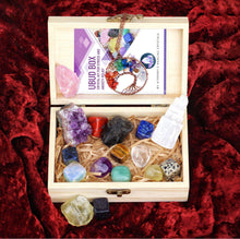 Load image into Gallery viewer, AtPerry's 16 LARGE Natural Healing Crystals Set in Wooden Box - Tumbled, Rough &amp; Raw Crystals, Including Selenite Tower, Black Tourmaline, Amethyst, Rose Quartz, Lapiz Lazuli, Citrine &amp; Tiger's Eye

