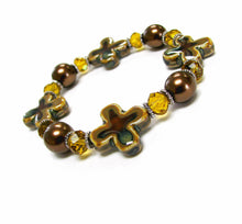 Load image into Gallery viewer, Linpeng Women Porcelain Cross Pearl &amp; Crystal Beads Stretch Bracelet, Gloden Brown
