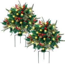 Load image into Gallery viewer, Glintoper Lighted Artificial Christmas Urn Filler, Pre-lit Xmas Pine Trees with Cones, Golden &amp; Red Berries, Tripod Stake and 60 LED Lights, Outdoor Light Up Planter Filler Holiday Home Decor, 2 Pack
