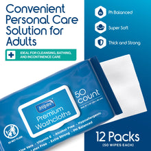 Load image into Gallery viewer, Inspire Adult Wet Wipes, Wash Cloths | Adult Wipes for Incontinence &amp; Cleansing for Elderly, 8"x12" Count 12 packs of 50
