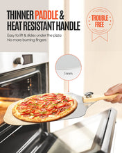 Load image into Gallery viewer, Pizza Peel Aluminum Pizza Spatula, Mooues 12 inch Metal Pizza Paddle(12"x 14")with Rocker Cutter Foldable Wood Handle, [Storage bag included], for Family Pizza Oven Baking Pizza, Dough, Bread &amp; Pastry
