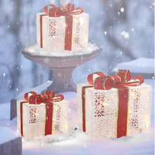 Load image into Gallery viewer, 3-Piece Lighted Gift Boxes - Pre Lit Christmas Decoration with Ribbons for Indoor/Outdoor Use (8in) - Weather Resistant Yard Home Decor with Warm UL Lights

